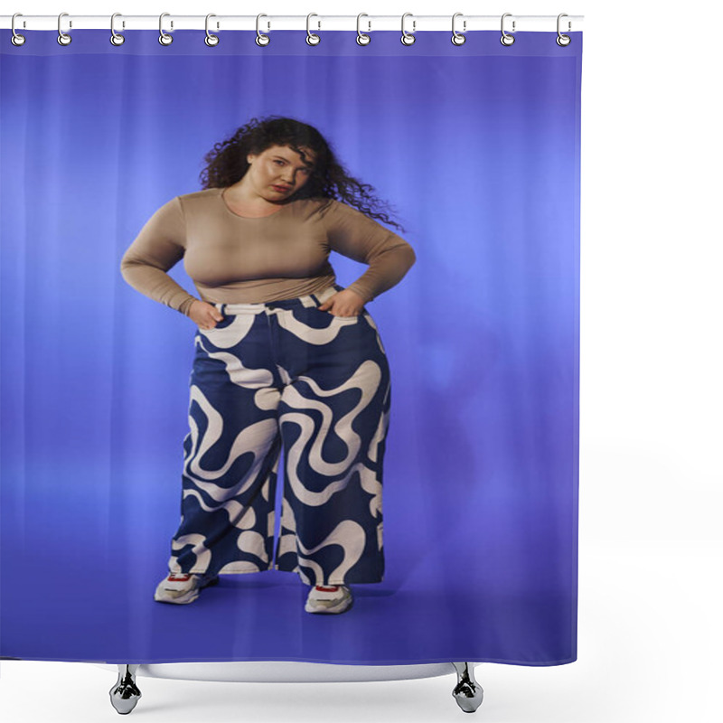 Personality  A Confident Plus Size Woman Showcases Her Fashion Sense In Vibrant Patterned Pants, Exuding Joy. Shower Curtains