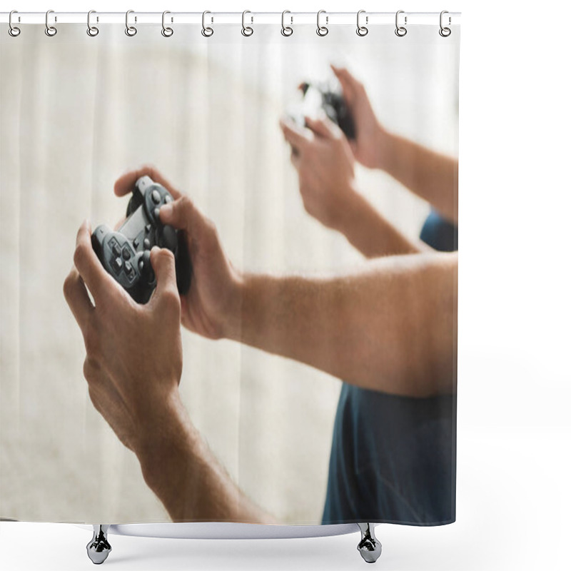 Personality  Cropped Shot Of Couple Playing Computer Games With Gamepads Shower Curtains