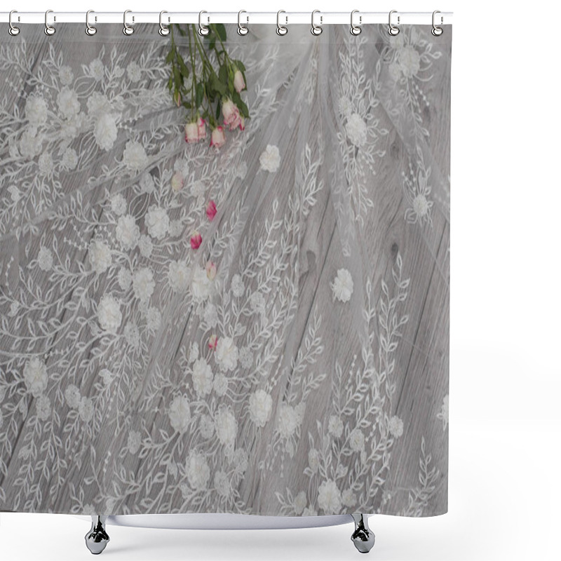 Personality  White Wooden Background With White Spring Flowers Roses And Lace Ribbon. Happy Womans Day. The Texture Of Lace On Wooden Background. Shower Curtains