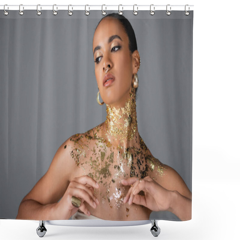 Personality  Trendy African American Model With Golden Foil On Chest Posing Isolated On Grey  Shower Curtains