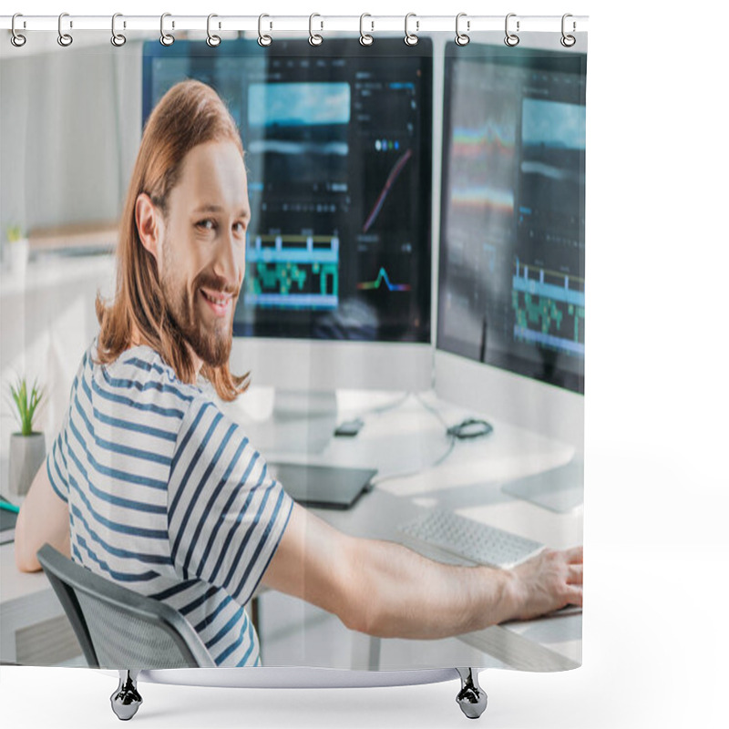 Personality   Cheerful Bearded Art Editor Working In Studio  Shower Curtains