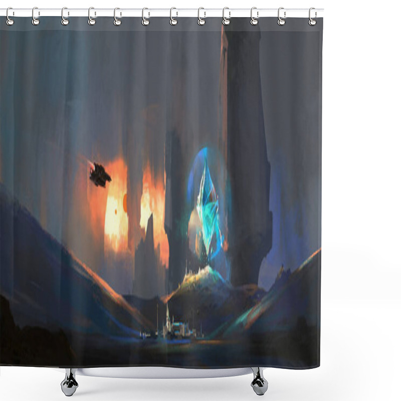 Personality  A Secret Energy Base On An Alien Planet, 3D Illustration. Shower Curtains