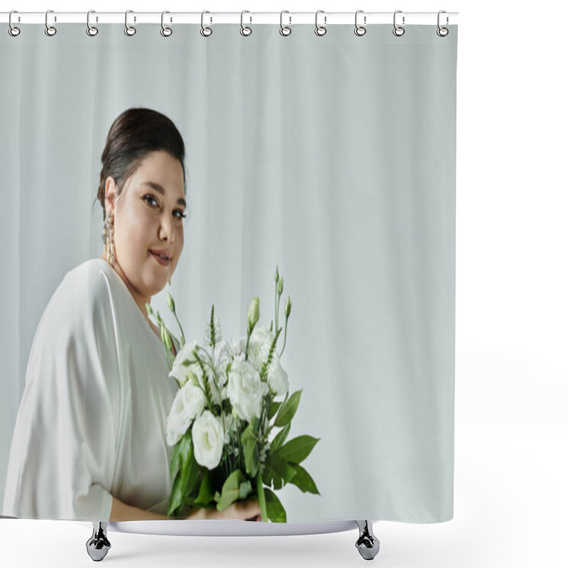 Personality  Stunning Bride In A White Dress Holding A Bouquet, Radiating Happiness Against A Muted Grey Background. Shower Curtains