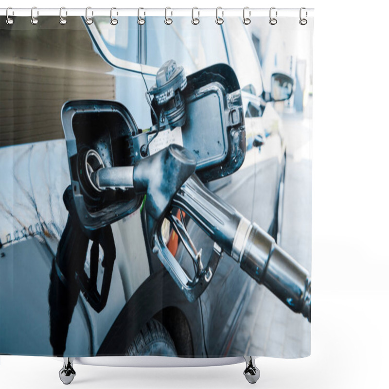 Personality  Selective Focus Of Black Modern Automobile Refueling With Benzine On Gas Station  Shower Curtains