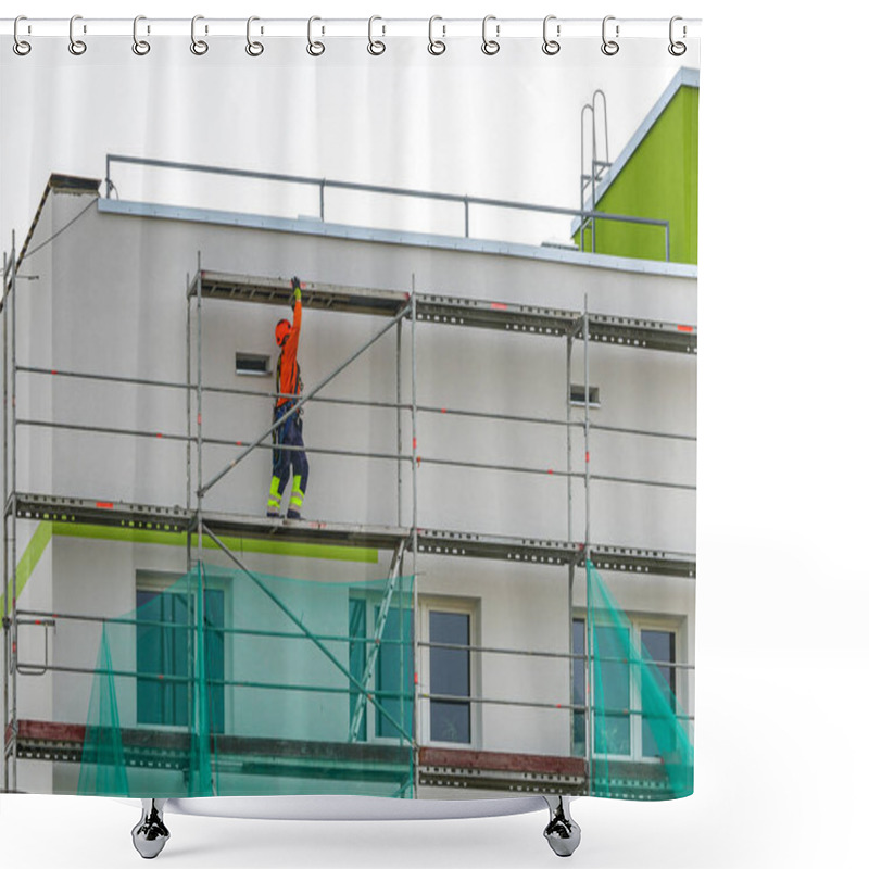 Personality  Demolition Of Scaffolding After Insulation And Renovation Of The Apartment House Facade Shower Curtains