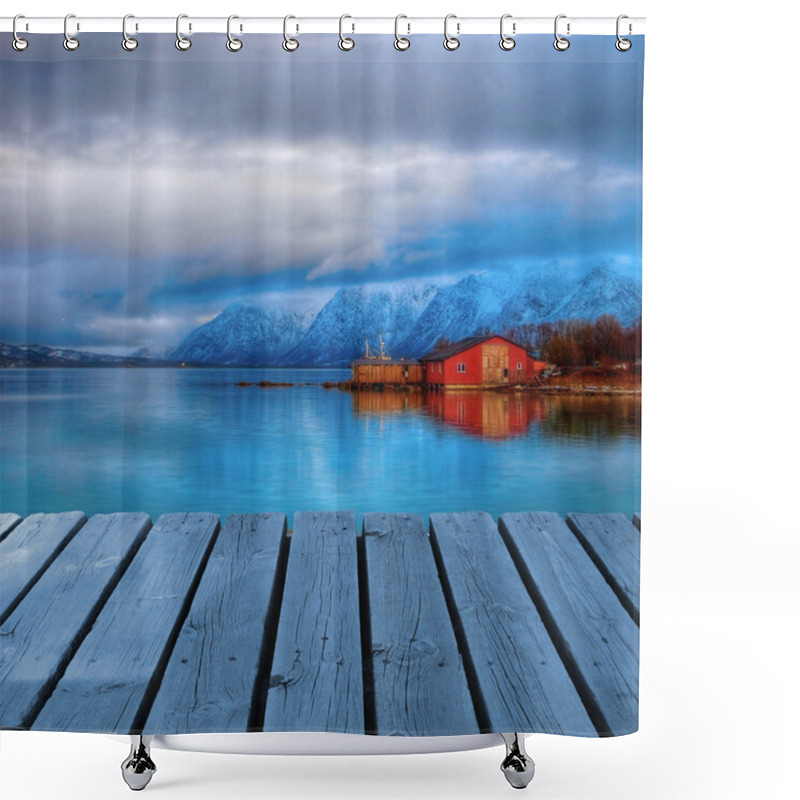 Personality  Red House On Sea With Platform Dock Shower Curtains