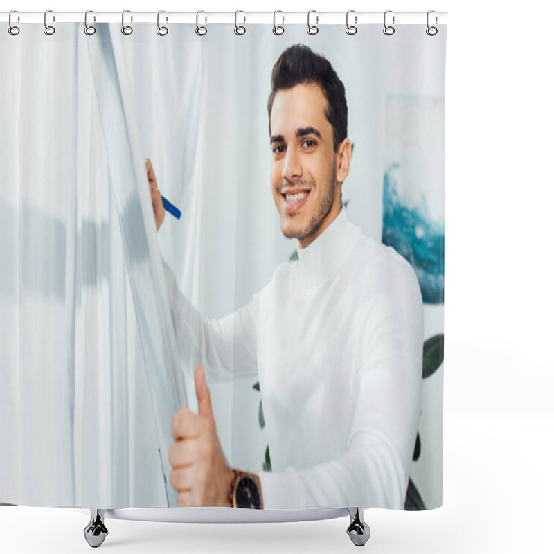 Personality  Smiling Designer Looking At Camera While Using Whiteboard In Office  Shower Curtains