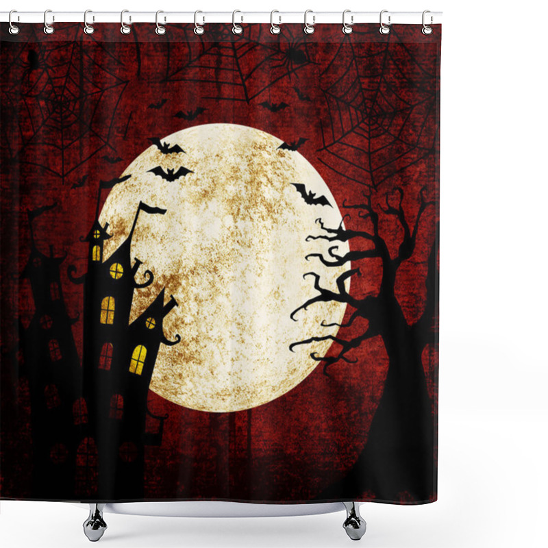 Personality  Halloween Bloody Red Grunge Background With Full Moon, Silhouettes Of Bats, Terrible Dead Tree, Castle, Webs And Spiders On Dark Spooky Night Sky. Halloween, Horror Concept. Space For Text. Shower Curtains