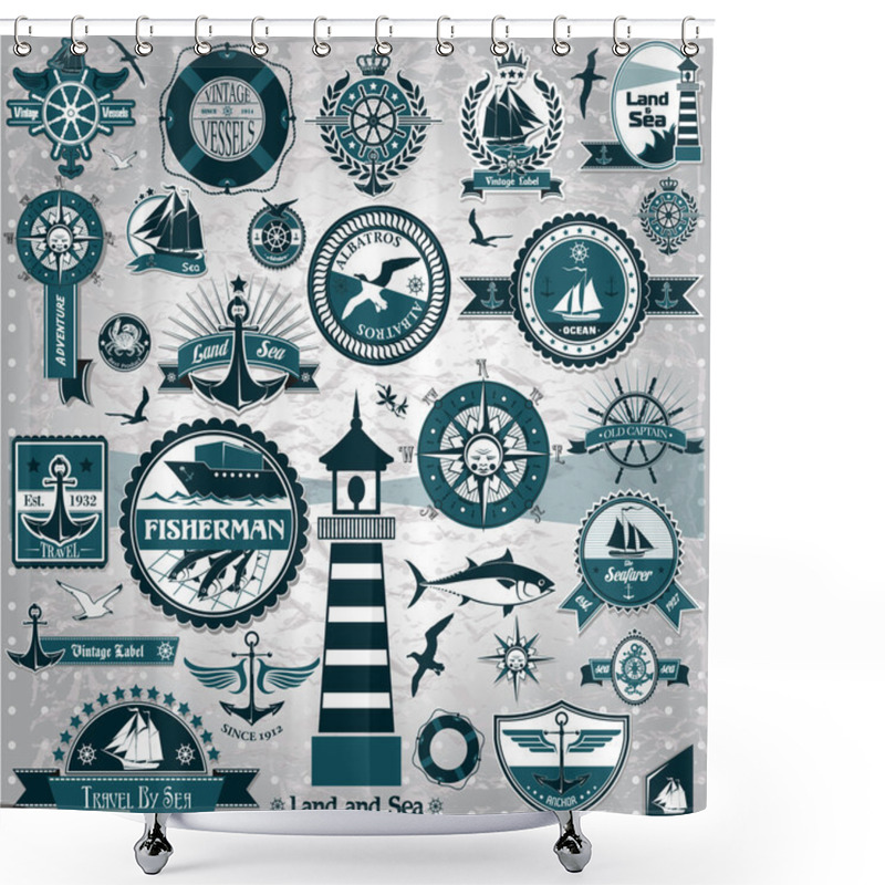 Personality  Large Set Of Marine Labels And Stamps Shower Curtains