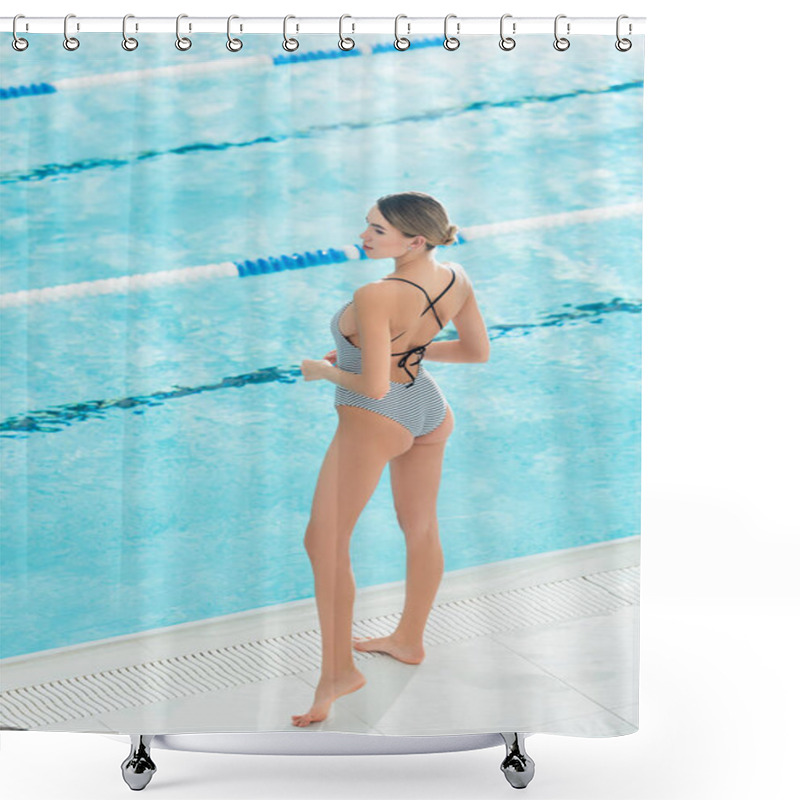 Personality  Back View Of Young Woman In Swimsuit Standing Near Swimming Pool  Shower Curtains