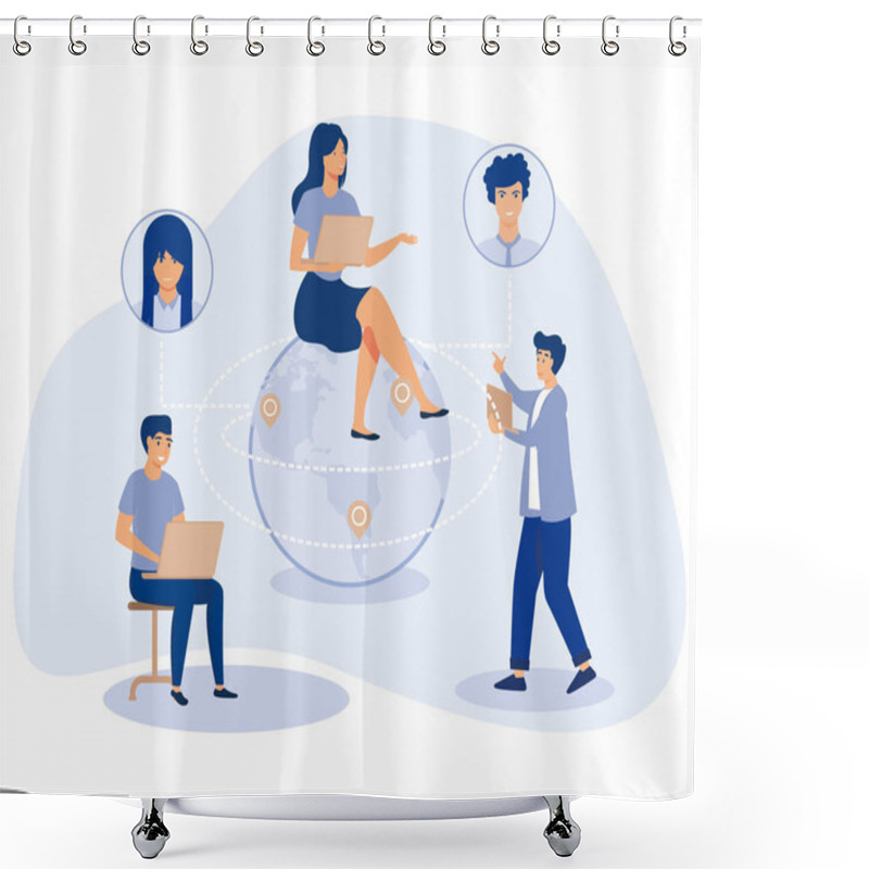 Personality  Distance Working Concept. Outsourcing, Work Home Office, Online Conference, Freelance Job. Flat Vector Modern Illustration Shower Curtains