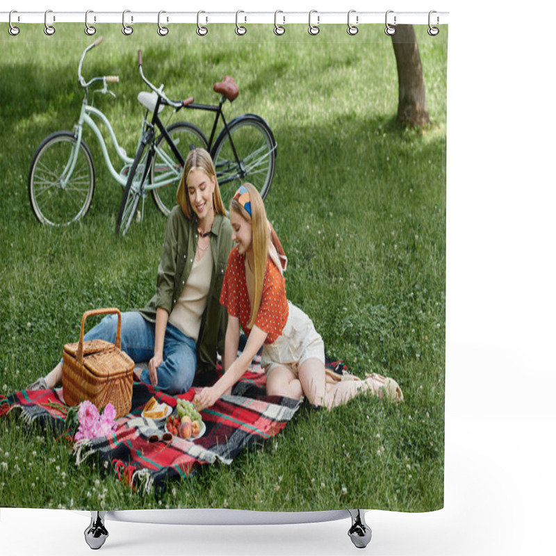 Personality  A Young Lesbian Couple Enjoys A Picnic Lunch In A Green Park, Surrounded By Lush Grass And Bicycles. Shower Curtains