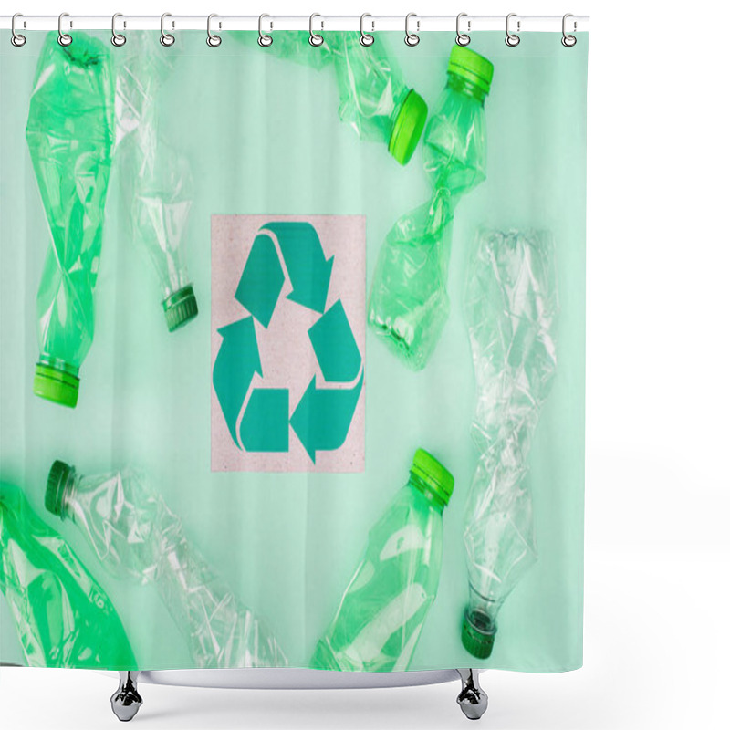 Personality  Top View Of Card With Recycle Sign Near Crumpled Bottles On Green Background, Ecology Concept Shower Curtains