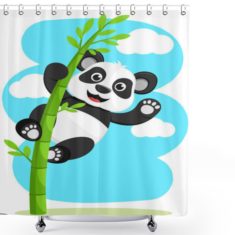 Personality  Panda Hanging On Bamboo Smiling And Waving His Paw. Character Shower Curtains