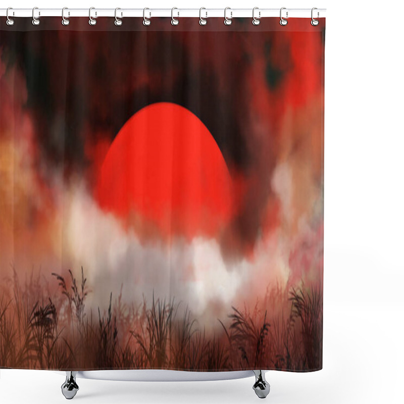 Personality  The Blood Red Moon Is Shrouded In Clouds On A Grassy Field. Shower Curtains