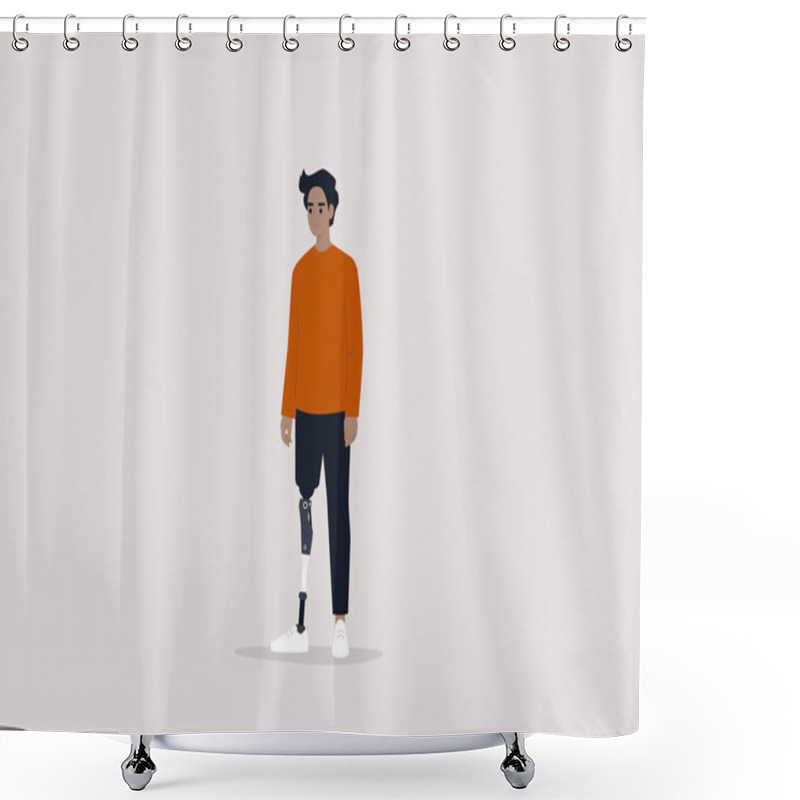 Personality  Young Male Character With A Prosthetic Leg, Modern People With Disabilities, New Medical  Technologies, Flat Editable Vector Illustration, Clip Art Shower Curtains