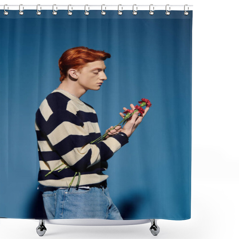 Personality  Emotional Young Man With Red Hair Gently Holds A Bouquet Of Flowers, Lost In Thought Against Blue. Shower Curtains