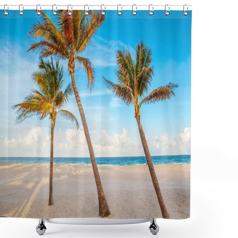 Personality  Beautiful Tropical Nature Florida Landscape. Tall Palm Trees And Sea Ocean Sand Beach At Sunset. Coastal Seashore View With Exotic Plants And Blue Aqua Water. Summer Seasonal Background Outdoors Shower Curtains