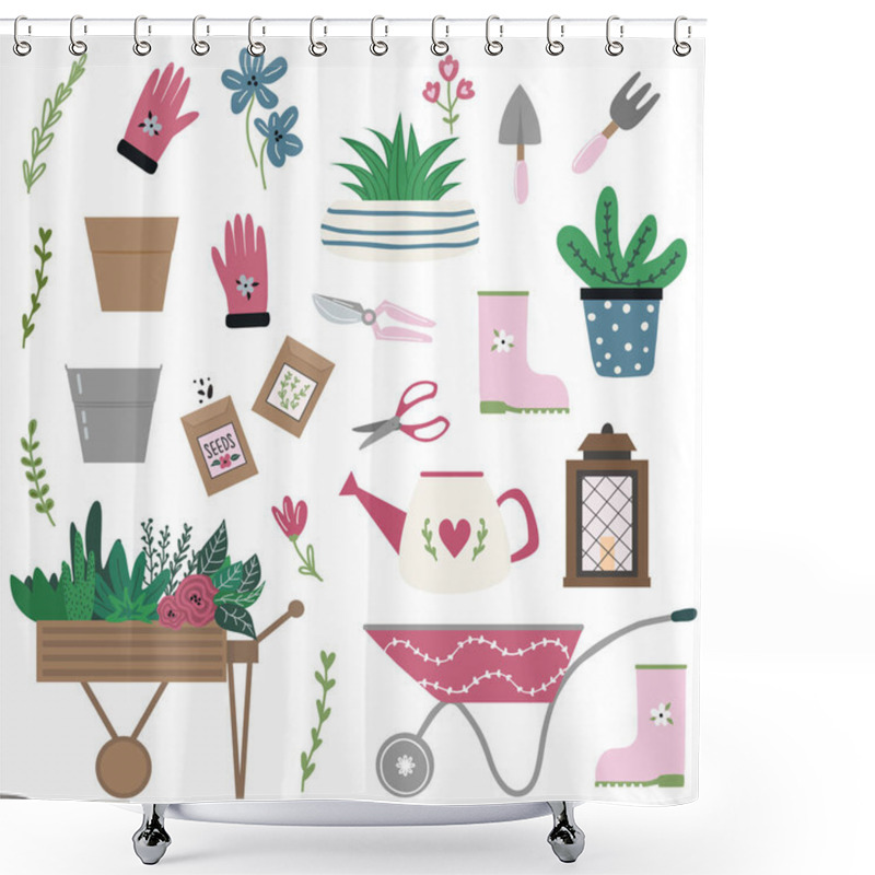 Personality  Collection Of Tools And Equipment For Gardening In Cute Hand Drawn Style. Garden Elements: Wheelbarrow, Watering Can, Flowers, Garden Gloves, Flowerpots, Grass And Leaves. Spring Time Vector Drawing Shower Curtains