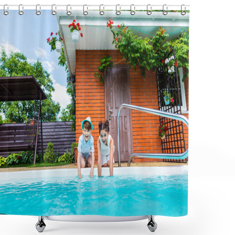 Personality  Little Siblings Sitting Near Swimming Pool On Summer Day Shower Curtains