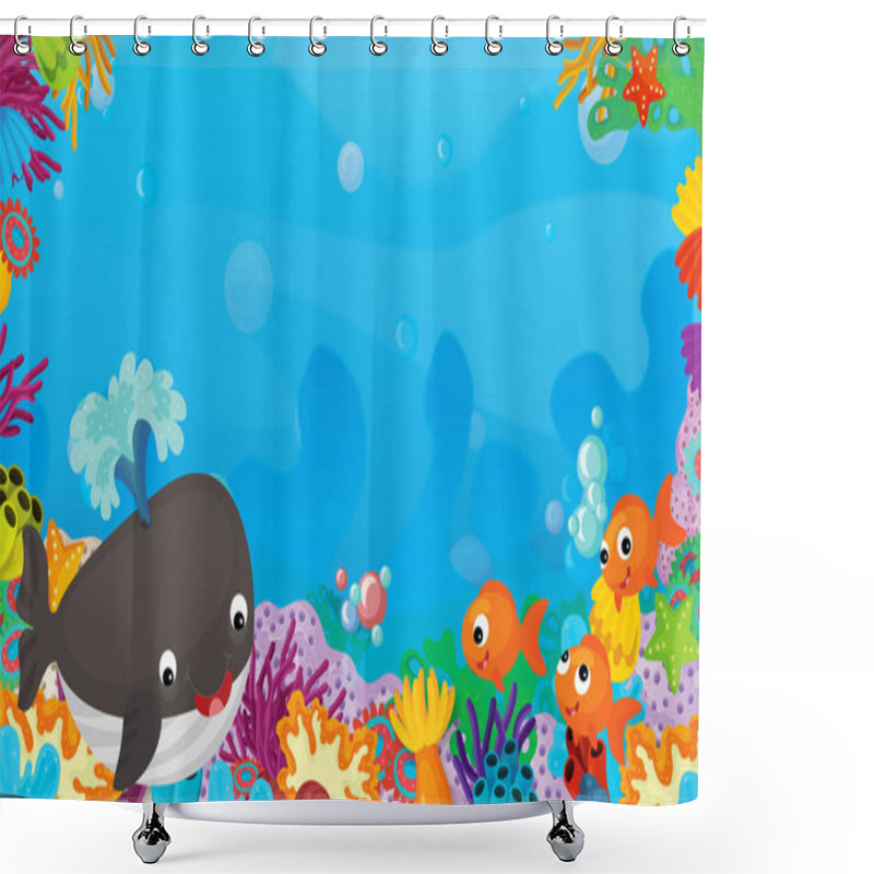 Personality  Cartoon Scene With Coral Reef With Happy And Cute Fish Swimming With Frame Space Text Whale - Illustration For Children Shower Curtains