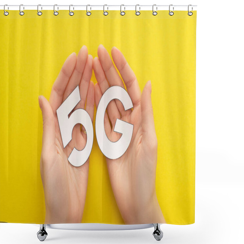 Personality  Cropped View Of Woman Holding White 5g Lettering On Yellow Background Shower Curtains