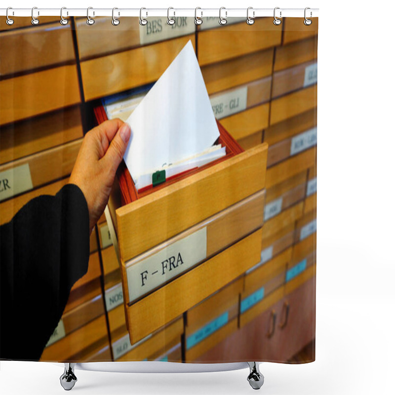 Personality  Wooden Drawer Box On An Old Catalog With The Letter F And A Hand That Holding A Catalog Slip Shower Curtains