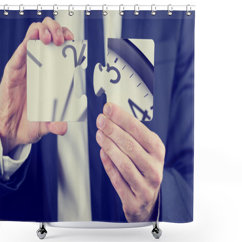 Personality  Businessman Holding Puzzle Pieces Of A Clock Shower Curtains