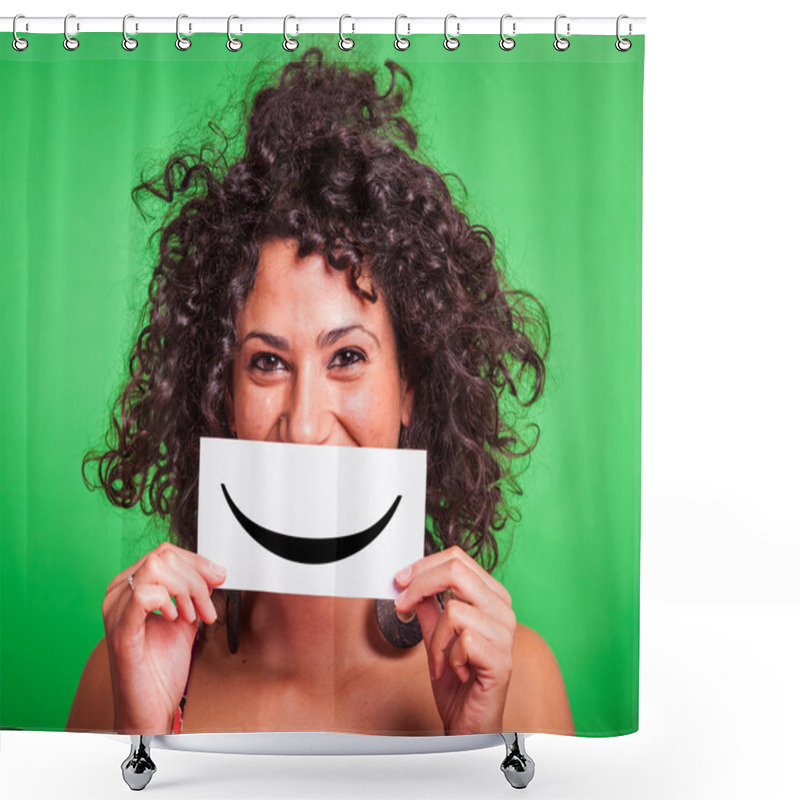 Personality  Young Woman With Smiley Emoticon On Green Background Shower Curtains