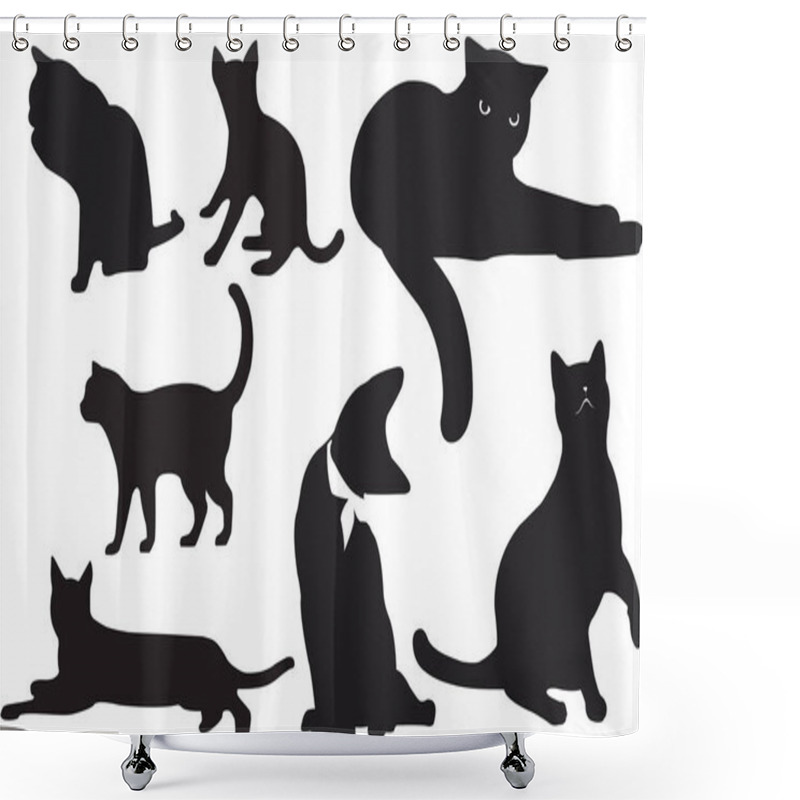 Personality  Vector Figure Cat Outline Cleaning Sitting Curious Walking  Action Character Solid Black Color Isolated White Background Shower Curtains