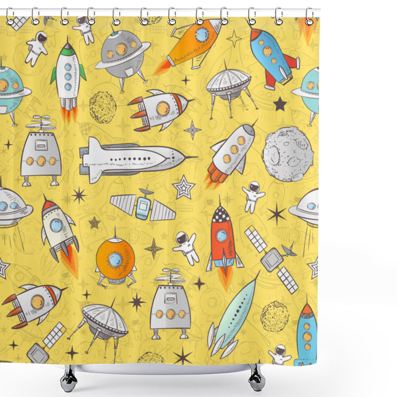 Personality  Seamless Background With Space Rockets, Astronauts, Satellites, Stars And Other Space Objects On White Background Shower Curtains