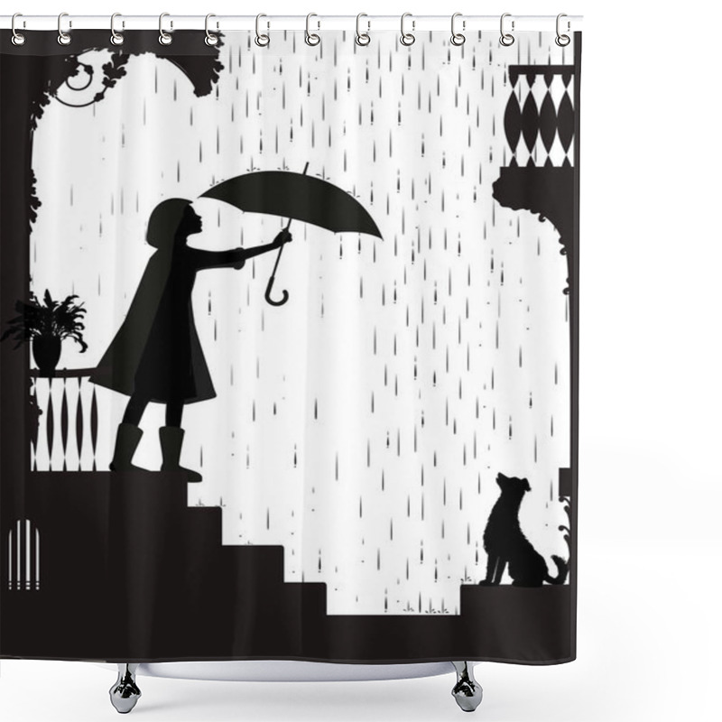 Personality  Rain Walk With Dog Dog, Girl On The Balcony Holding The Umbrella Above The Dog, My Friend Dog, Black And White, Shadow, Shower Curtains