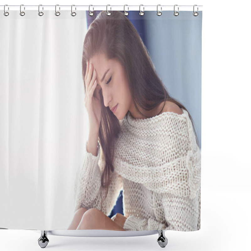 Personality  Adult Woman Suffering From Headache At Home Shower Curtains