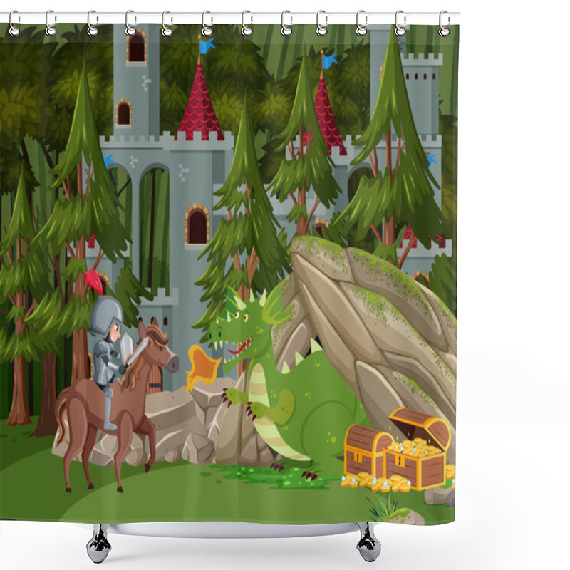 Personality  Knights Fight With Dragon At The Castle Illustration Shower Curtains