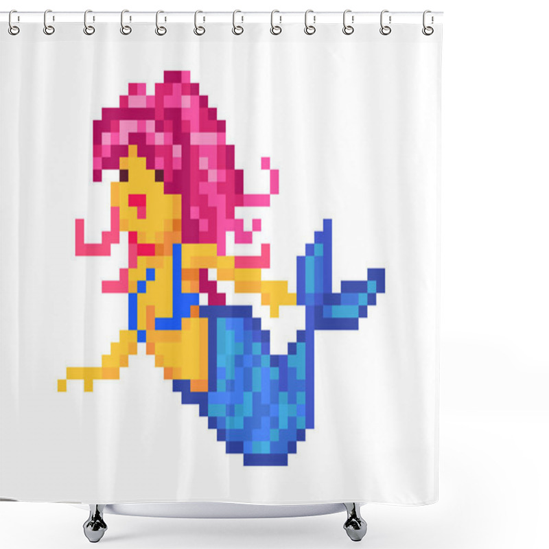 Personality  Cute Mermaid With Pink Hair, Pixel Art Character Isolated On Whi Shower Curtains