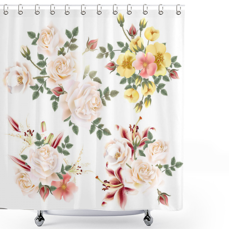 Personality  Collection Of Realistic  Flowers Roses And Lilies Shower Curtains