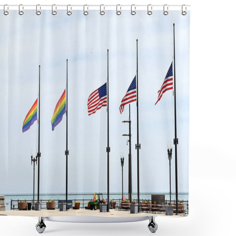 Personality  A Rainbow Flags And Flags Of US In Chicago, USA Shower Curtains