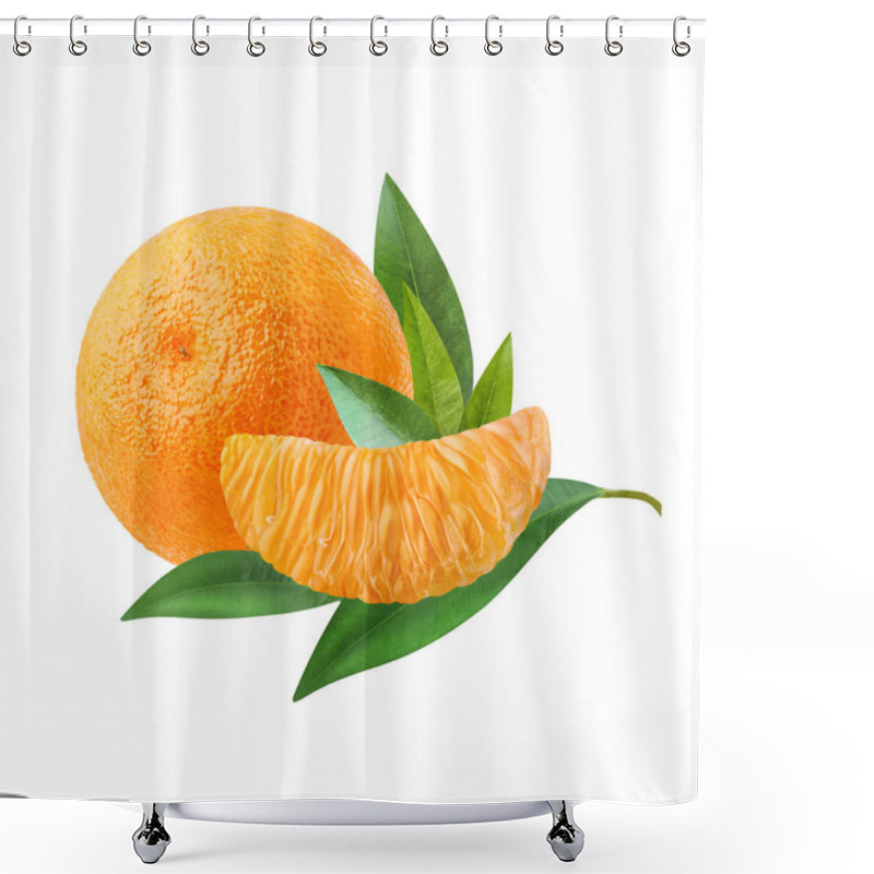 Personality  A Ripe Tangerine And A Slice Of Citrus With Green Leaves Isolated On White Background Shower Curtains