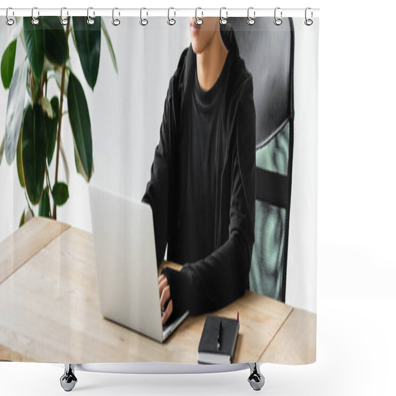 Personality  Panoramic Shot Of Hacker Sitting At Table And Using Laptop  Shower Curtains