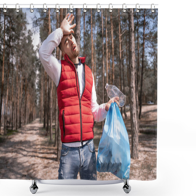 Personality  Tired Man Holding Blue Trash Bag In Forest  Shower Curtains