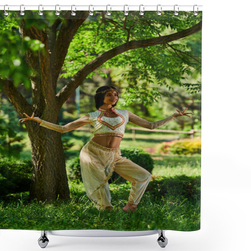 Personality  Graceful Indian Woman In Vibrant Ethnic Attire Dancing Under Tree In Summer Park, Happiness Shower Curtains