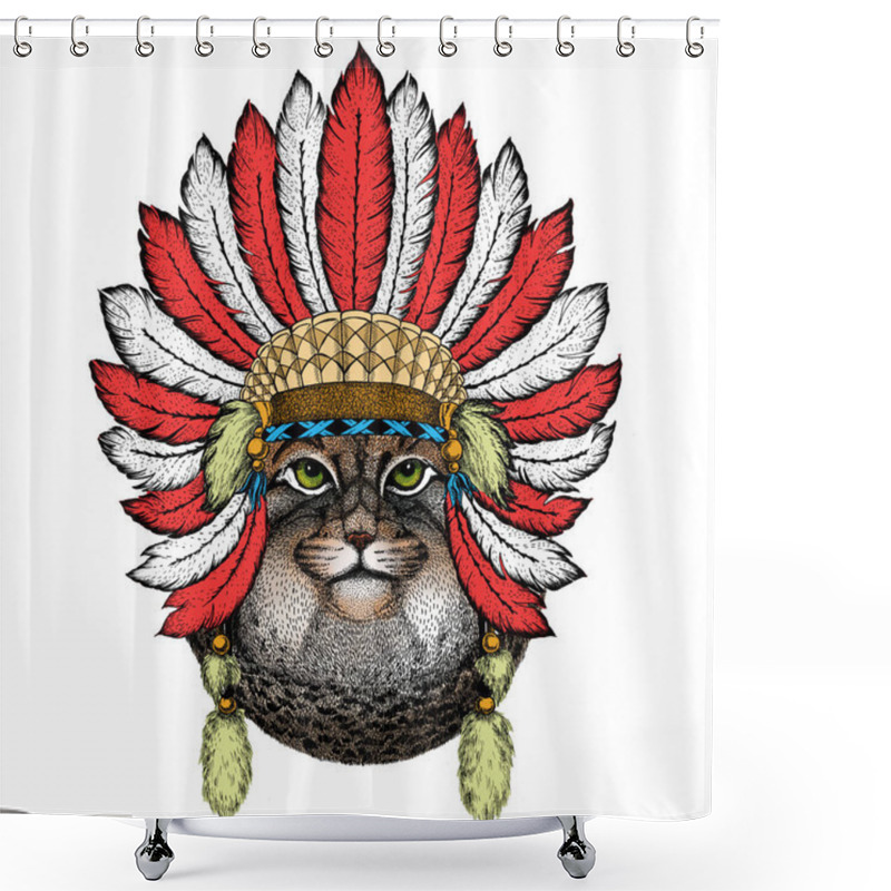 Personality  Pallas Cat Head. Manul Head. Wild Cat Portrait. Indian Headdress With Feathers. Boho Style. Shower Curtains