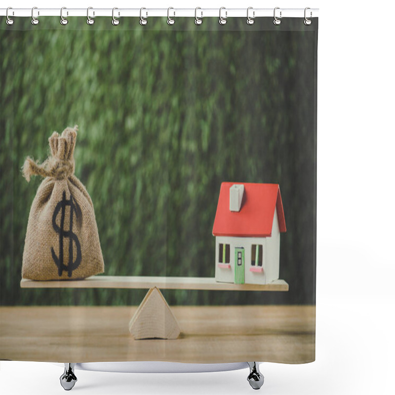 Personality  Money Bag With Dollar Symbol And House Model Balancing On Swing On Green Background Shower Curtains