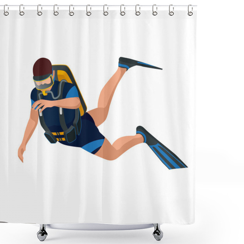 Personality  Scuba Diver Diving Man Front View. Scuba Diving Flat 3d Isometric Vector Illustration. Scuba Diver Swimming Under Water. Shower Curtains