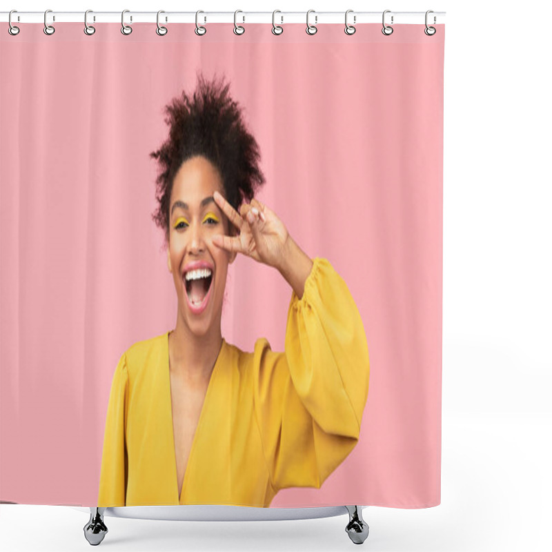 Personality  Happy Afro Girl Showing V Sign Looking At Camera Shower Curtains