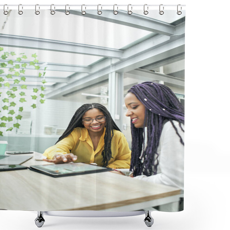 Personality  Happy Businesswoman Colleagues In Modern Office Using Tablet. Shower Curtains