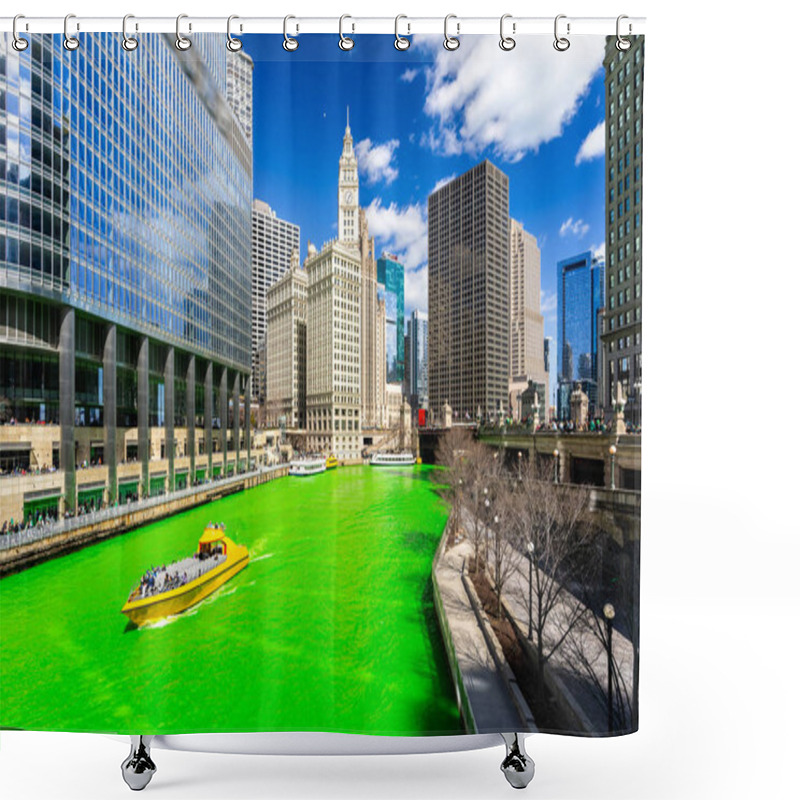 Personality  Chicago Skylines Building Along Green Dyeing River Of Chicago River On St. Patrick's Day Festival In Chicago Downtown IL USA Shower Curtains