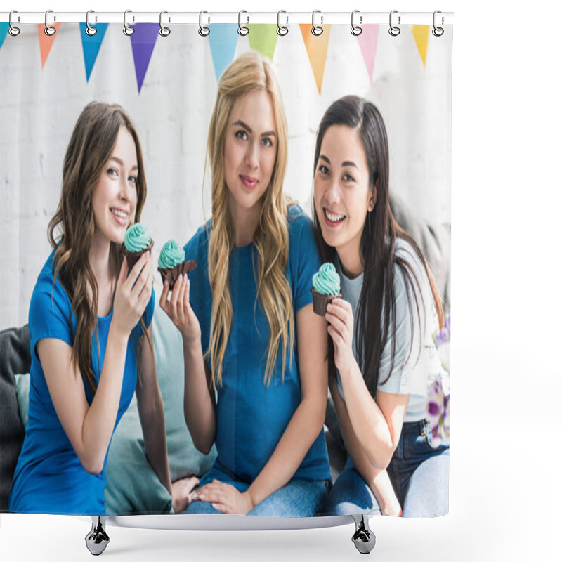 Personality  Multicultural Friends And Pregnant Woman With Cupcakes At Baby-party Shower Curtains