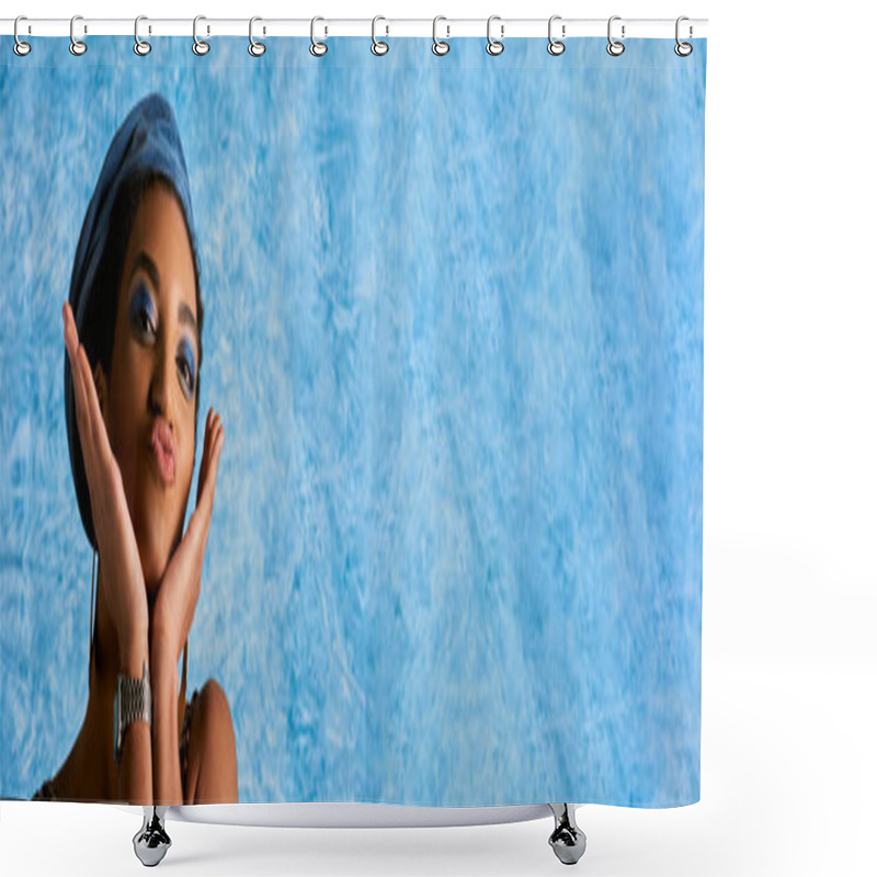 Personality  Fashionable African American Woman With Vivid Makeup, Golden Earrings And Beret Pouting Lips At Camera On Blue Textured Background, Stylish Denim Attire, Banner  Shower Curtains