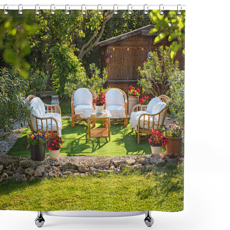 Personality  Cozy Garden Lounge Chairs With Pillows, Surrounded By Flowers Shower Curtains